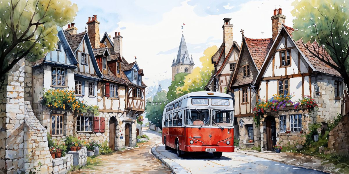 disegno di un pullman bianco e rosso che attraversa un paesaggio