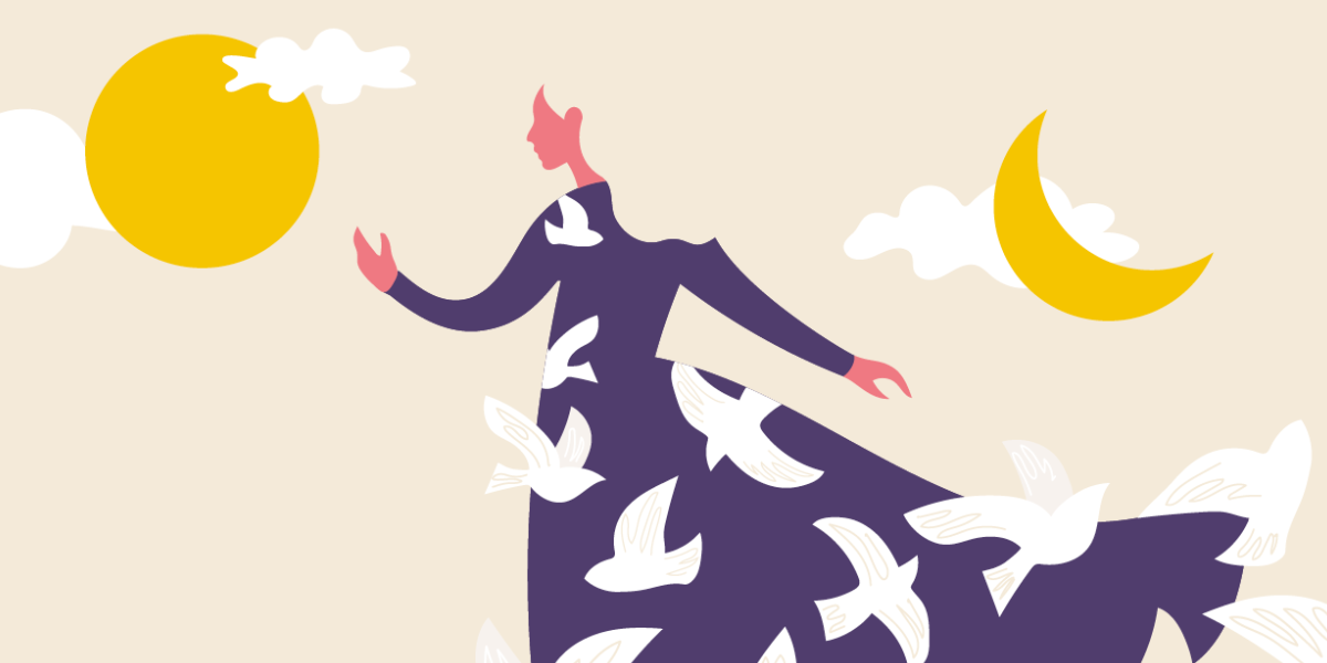 disegno di donna con colombe tra nuvole e cielo