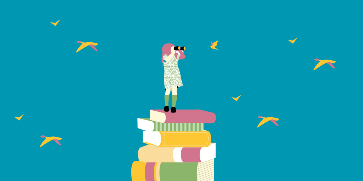 disegno di bambina con binocolo su una pila di libri colorati