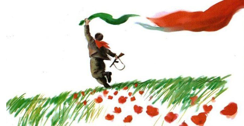 Disegno di partigiano che corre con la bandiera dell'Italia in mano