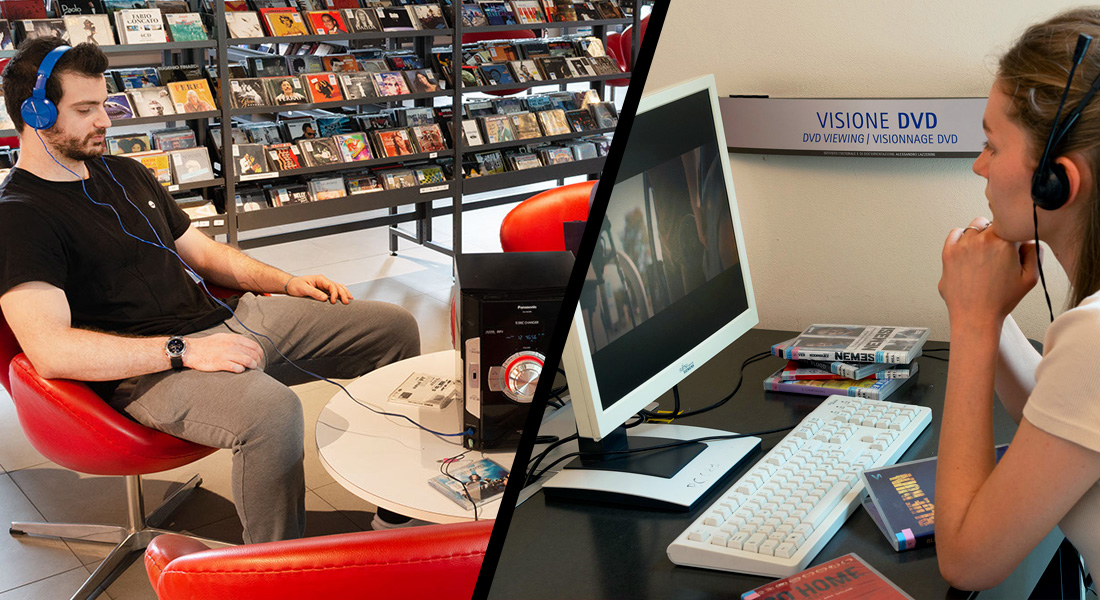 Ragazzo che ascolta la musica allo stereo con le cuffie e ragazza che guarda un dvd al pc