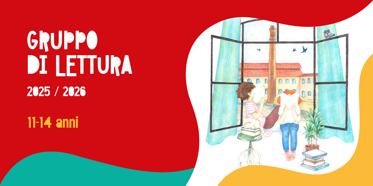 disegno di bambini che leggono davanti a una finestra aperta e sullo sfondo una ciminiera