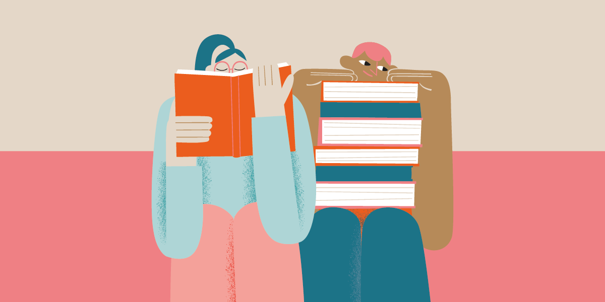 disegno di una ragazza con occhiali che legge un libro e un ragazzo appoggiato su una pila di libri