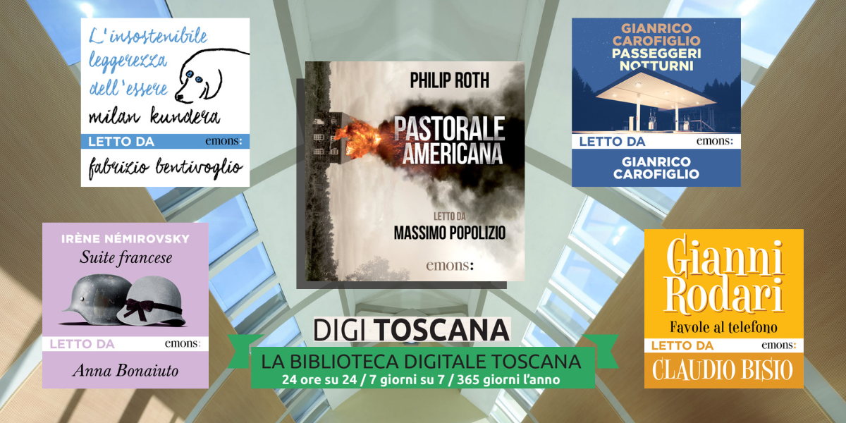 copertine di audiolibri e sullo sfondo il tetto della Biblioteca Lazzerini