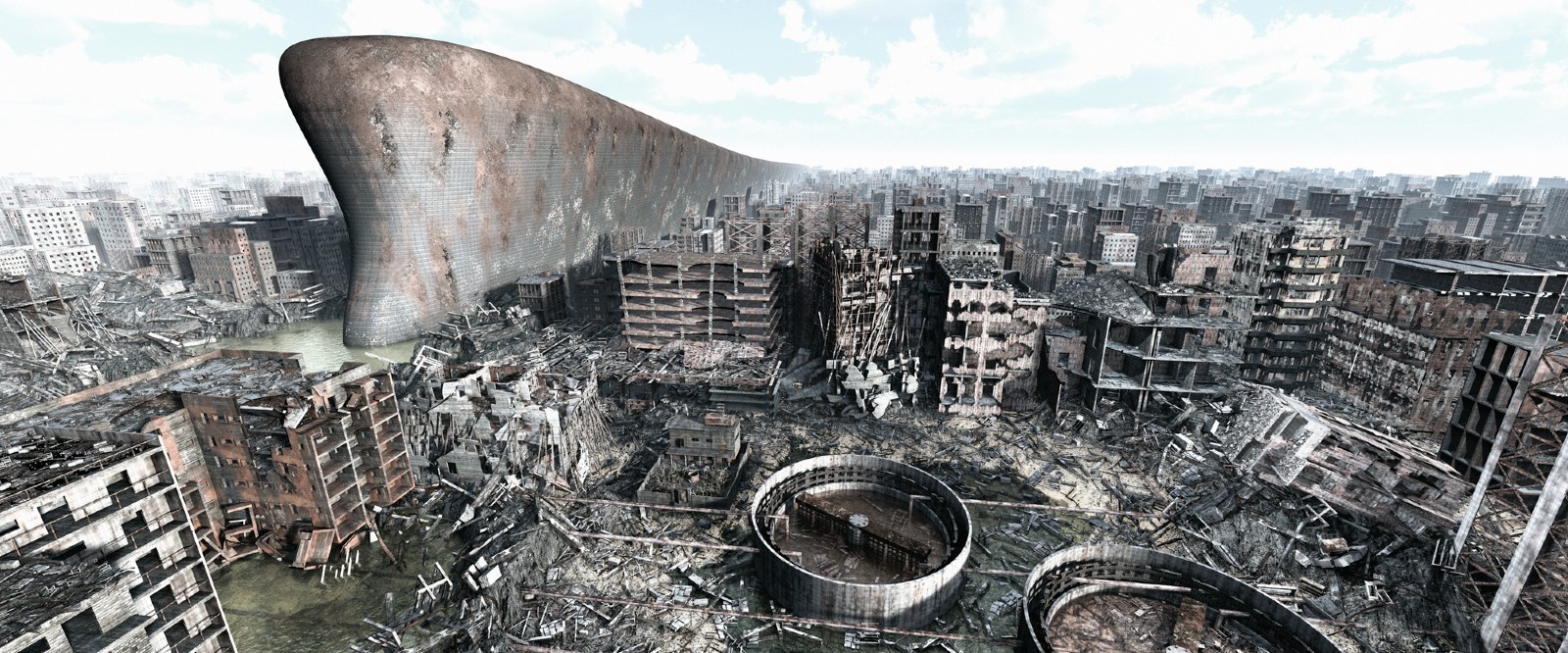 immagine di tanti edifici distrutti in una catastrofe immaginaria