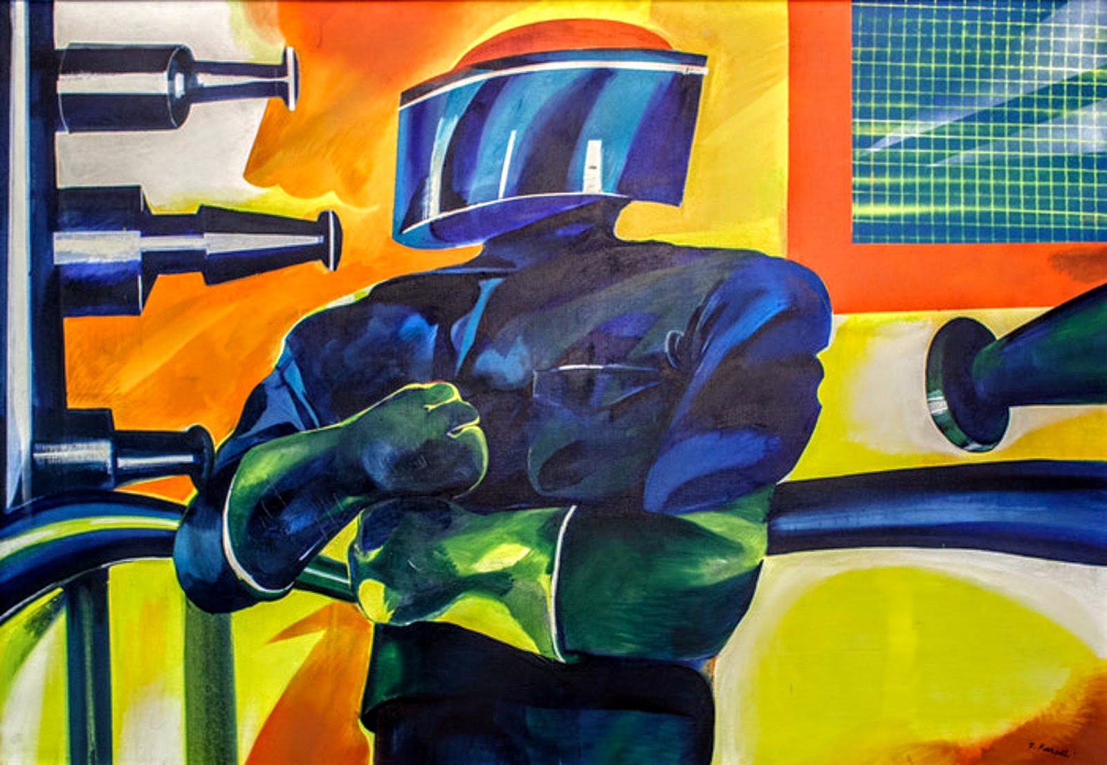 dipinto che raffigura un uomo-robot dai colori accesi in fabbrica
